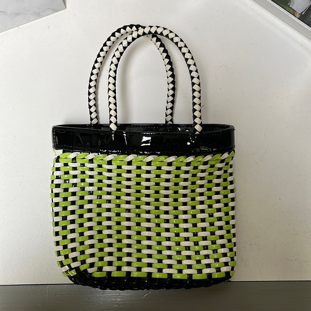 Solid and striped plastic woven mini tote bag